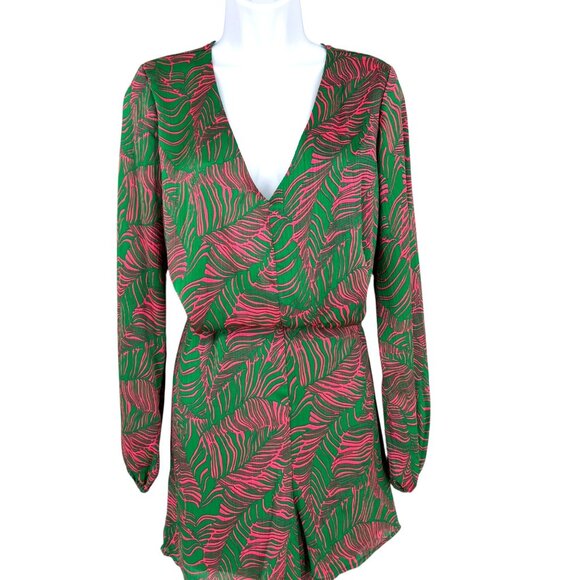 Intempo Leaf Tropical Print Long Sleeve Romper Green Pink Size Medium - Picture 2 of 13